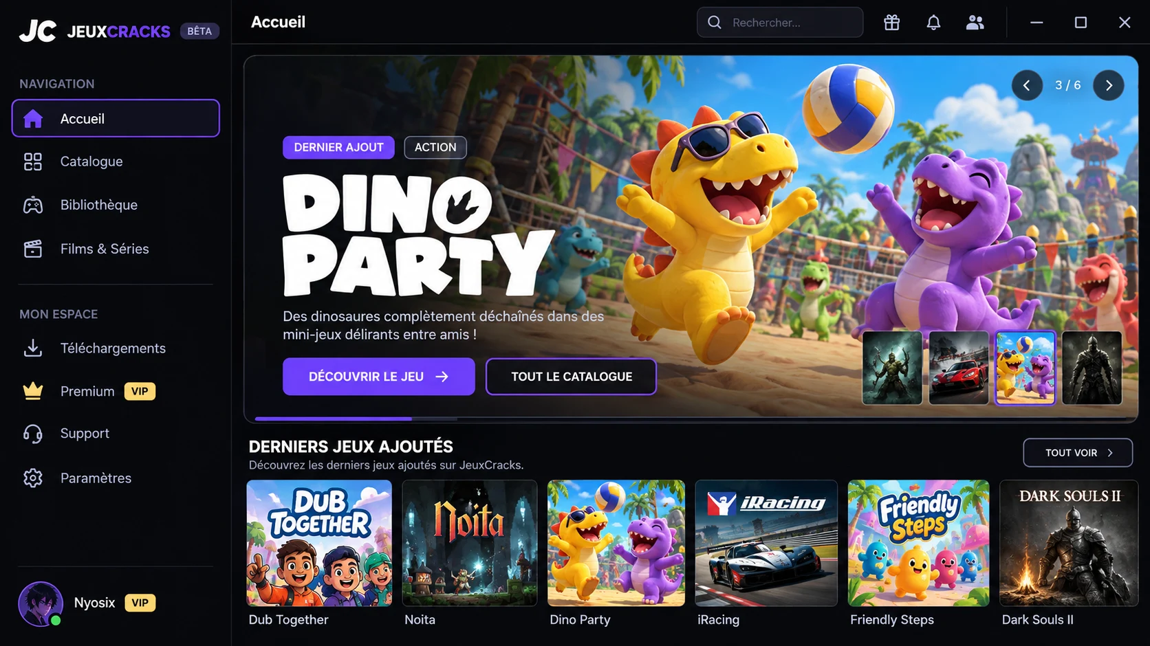 Illustration du launcher JeuxCracks avec Dino Party à la une, le menu latéral et les derniers jeux ajoutés.