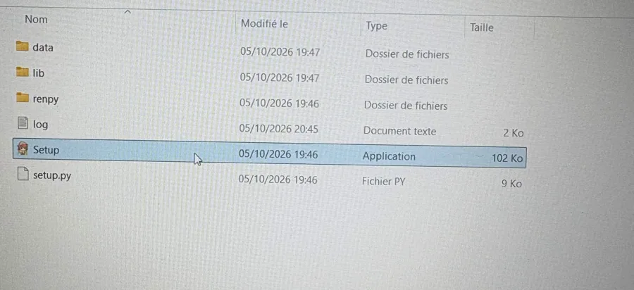 Dossier contenant data, lib, renpy, log, Setup.exe et setup.py : c’est un faux installeur