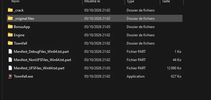 Dossier contenant _crack, _original files, Engine, le dossier du jeu et l’exécutable au nom du jeu
